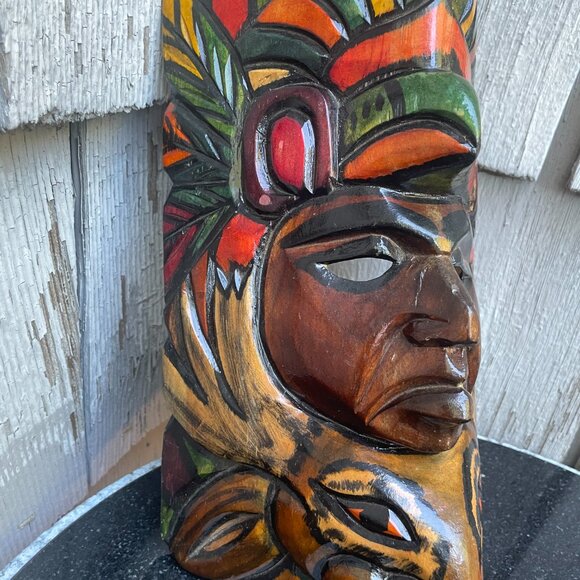 Warrior Chief Totem Mayan Aztec Face Mask Hand Carved Wooden Painted - Picture 6 of 6